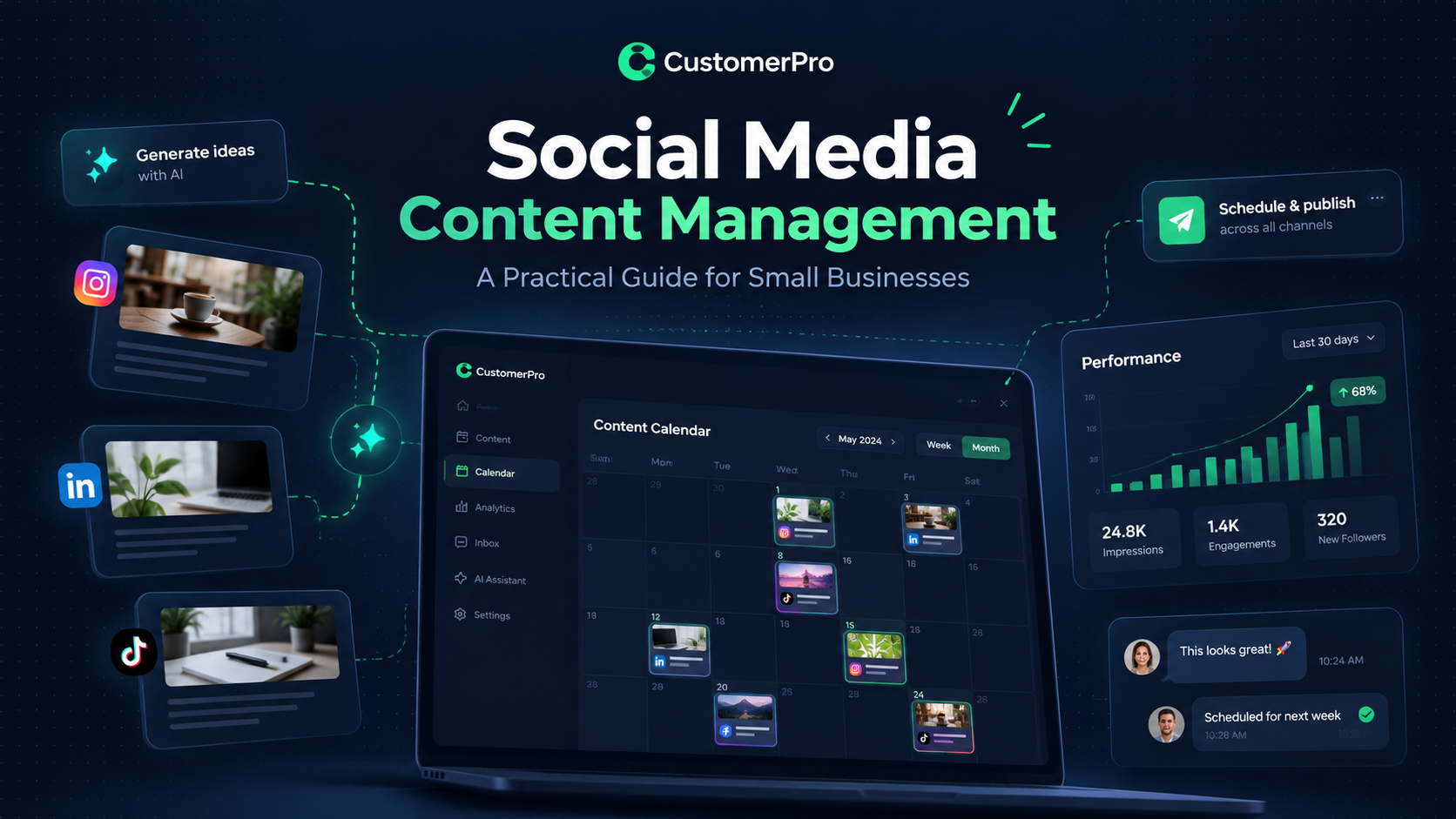 CustomerPro social media content management dashboard with scheduling, analytics, AI tools, and content calendar.
